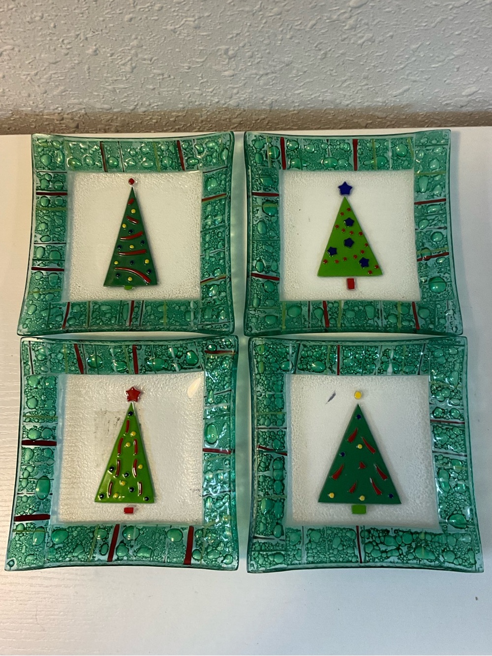 Gorham Christmas Splendor Fused Glass Square 6" Christmas Tree Plates Set of 4